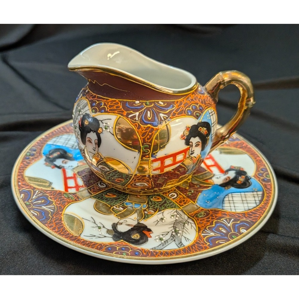 Vintage COOP Japan Moriage Creamer & Plate – Geisha Design – Gold Accents